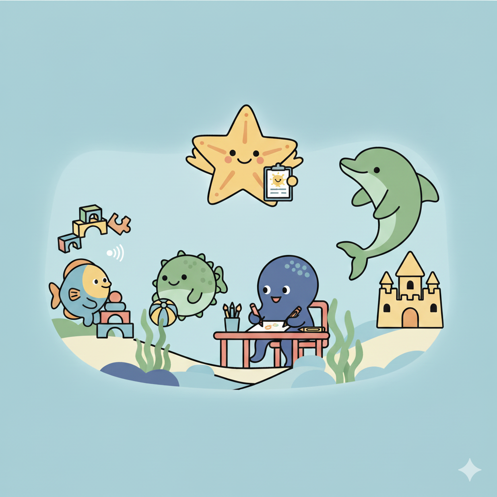 Four sea creature characters of increasing sizes representing ages 1-5 engaged in developmental activities like stacking blocks, playing with toys, drawing, and imaginative play
