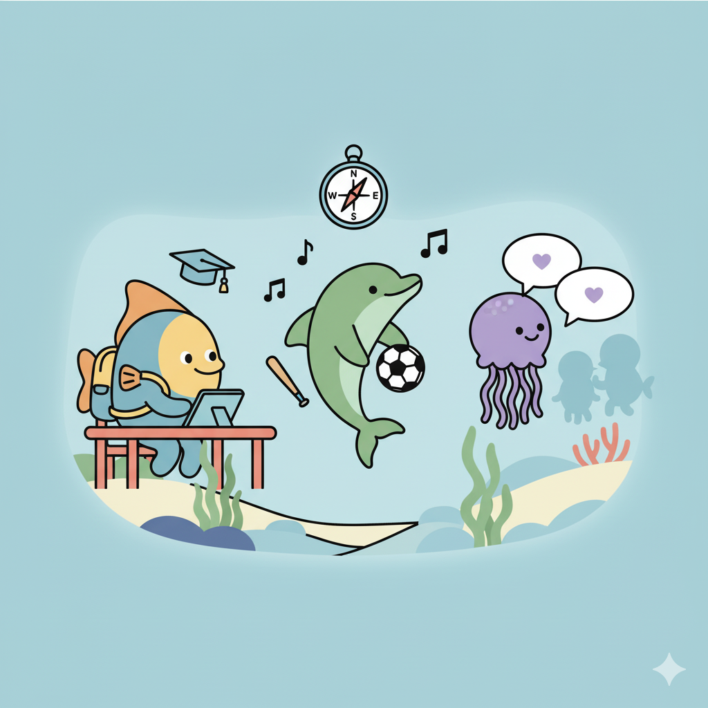 Mature sea creature characters representing adolescent development engaged in studying, sports, and social activities, surrounded by symbols of independence and identity formation