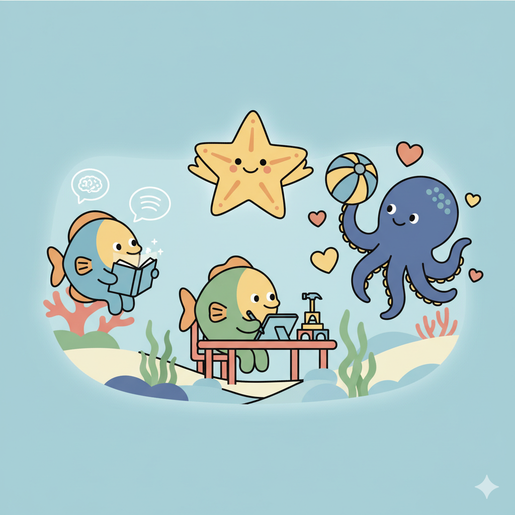 Sea creature characters of different sizes representing ages 6-12 engaged in learning activities, surrounded by developmental milestone symbols for cognitive, language, motor, and social skills