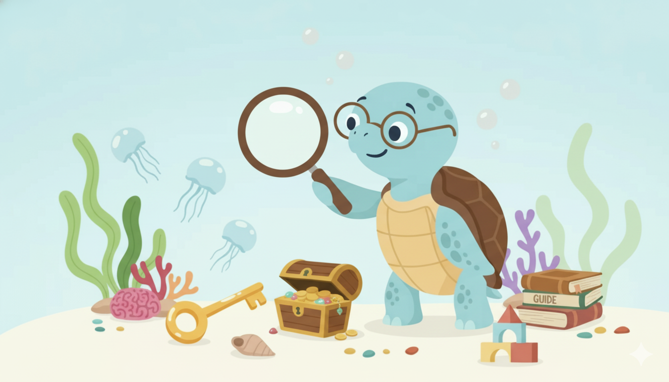 Friendly starfish character presenting trusted resource symbols including books, shields, and checkmarks, with parent and child sea creatures learning together