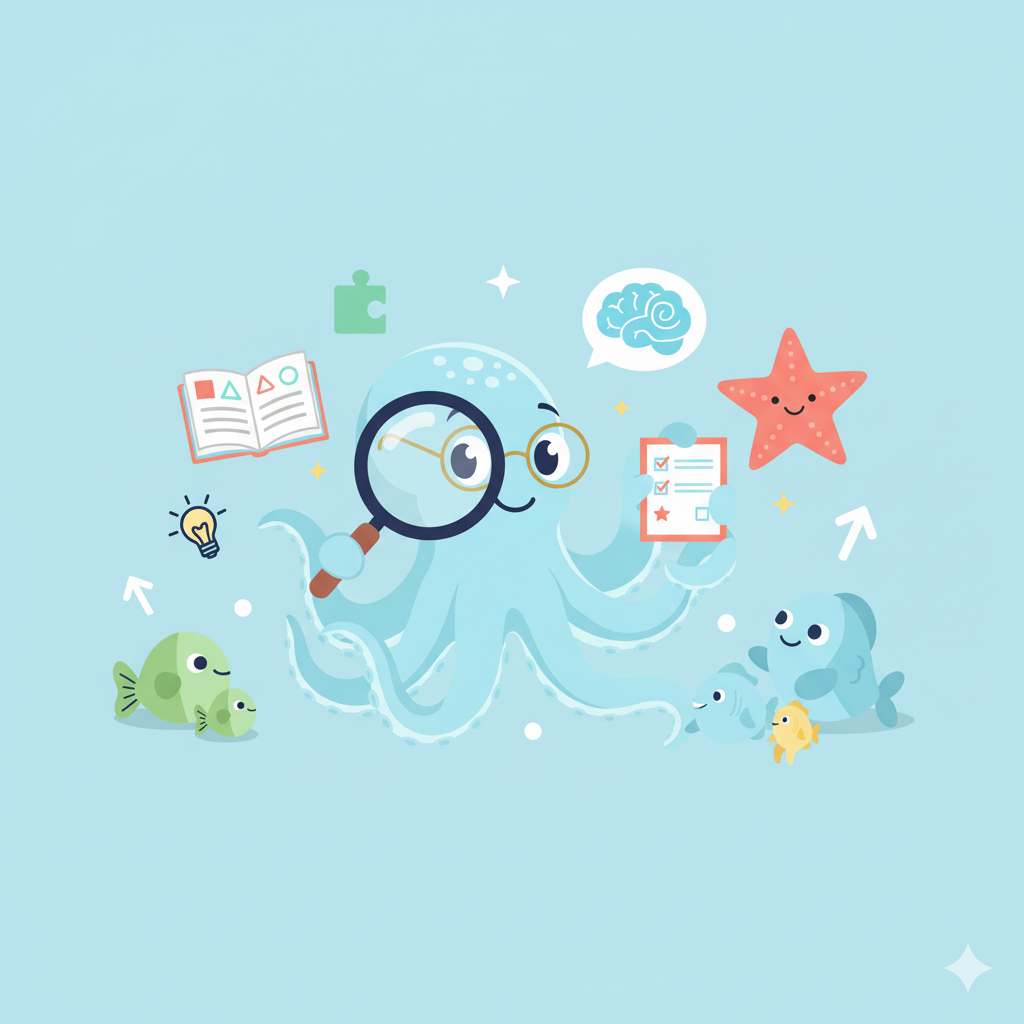 Friendly sea creature characters learning together about autism, featuring an octopus with glasses holding a magnifying glass surrounded by educational symbols