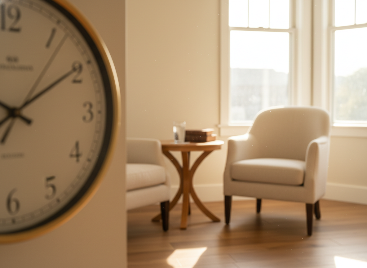 Wall clock in foreground with a warm consultation room and comfortable chair visible behind it