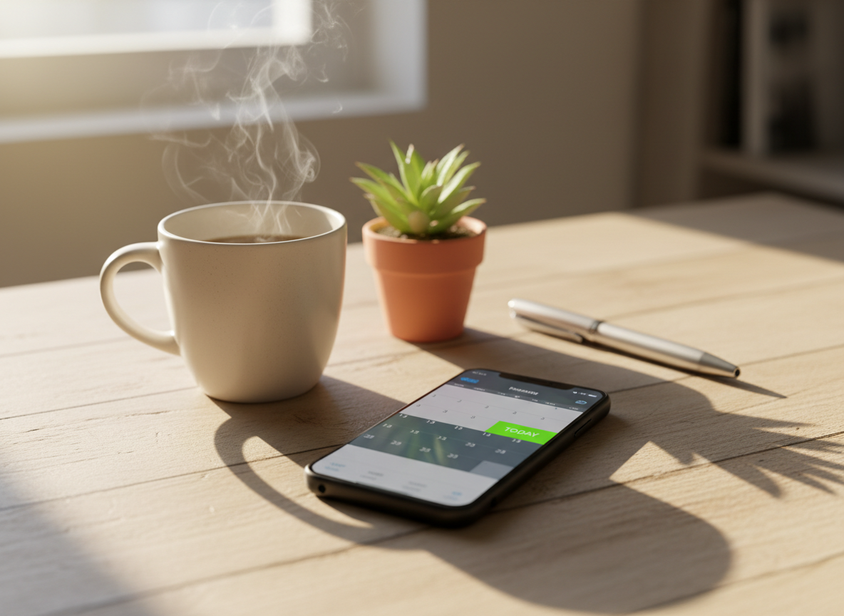Smartphone showing a calendar app on a wooden desk with a steaming mug and small plant