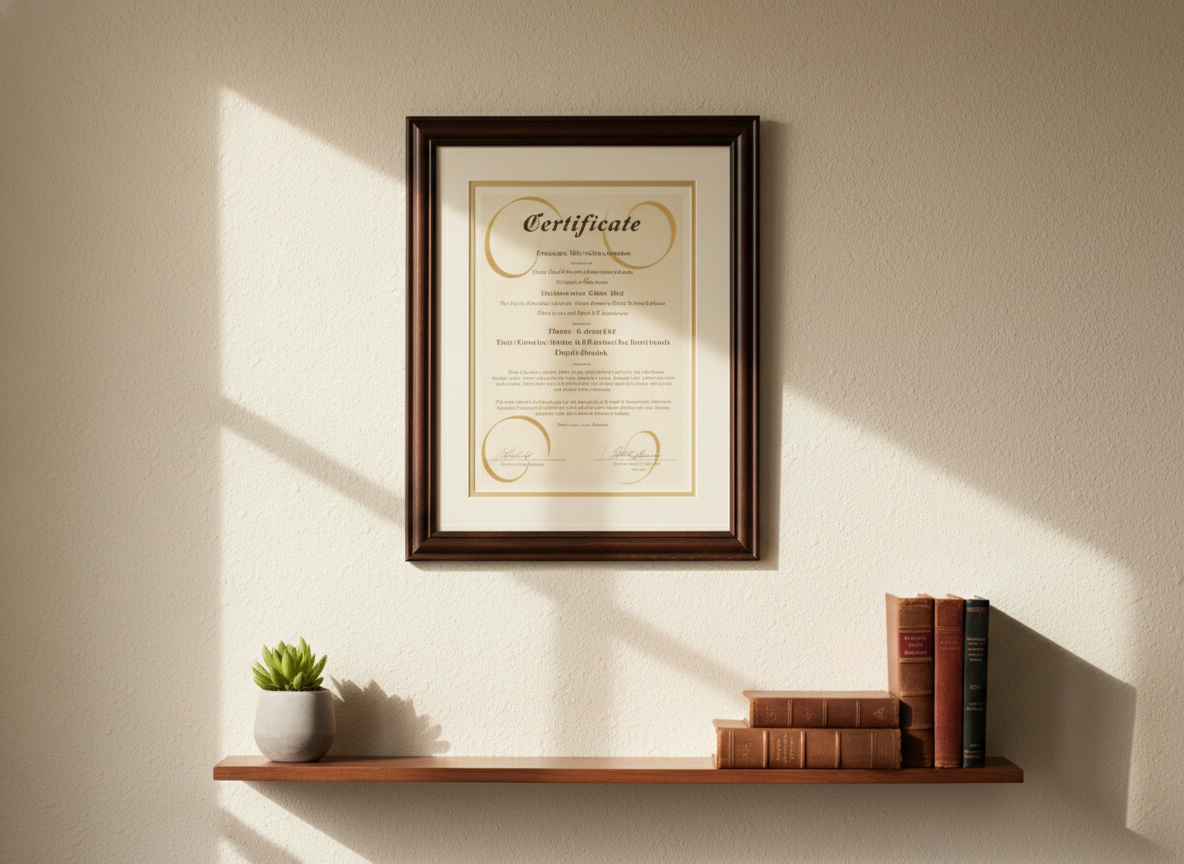Framed certificate on a cream wall above a shelf with medical reference books and a small succulent