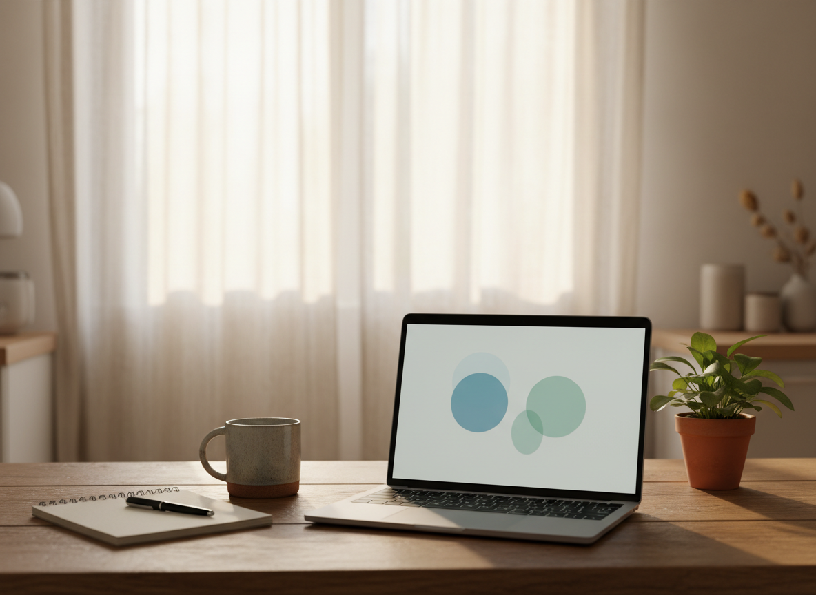 Laptop open on a kitchen table with a video call interface, mug, notepad, and houseplant in warm morning light