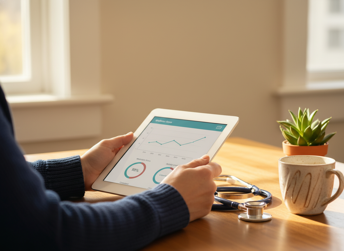 Provider reviewing health data on a tablet beside a stethoscope and plant on a wooden desk