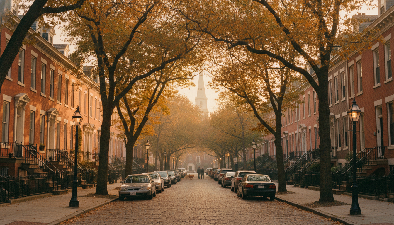 Tree-lined street in a historic Virginia neighborhood with red brick row houses and autumn foliage at golden hour