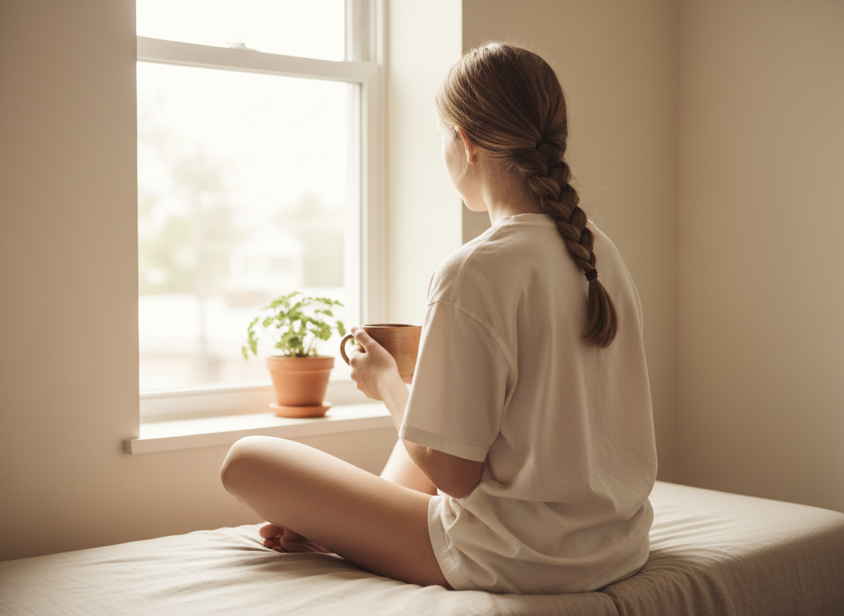 Young woman from behind sitting peacefully by a sunlit window with a warm mug