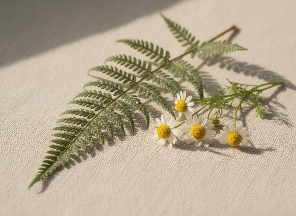 Delicate fern frond on a soft cream linen surface in natural light
