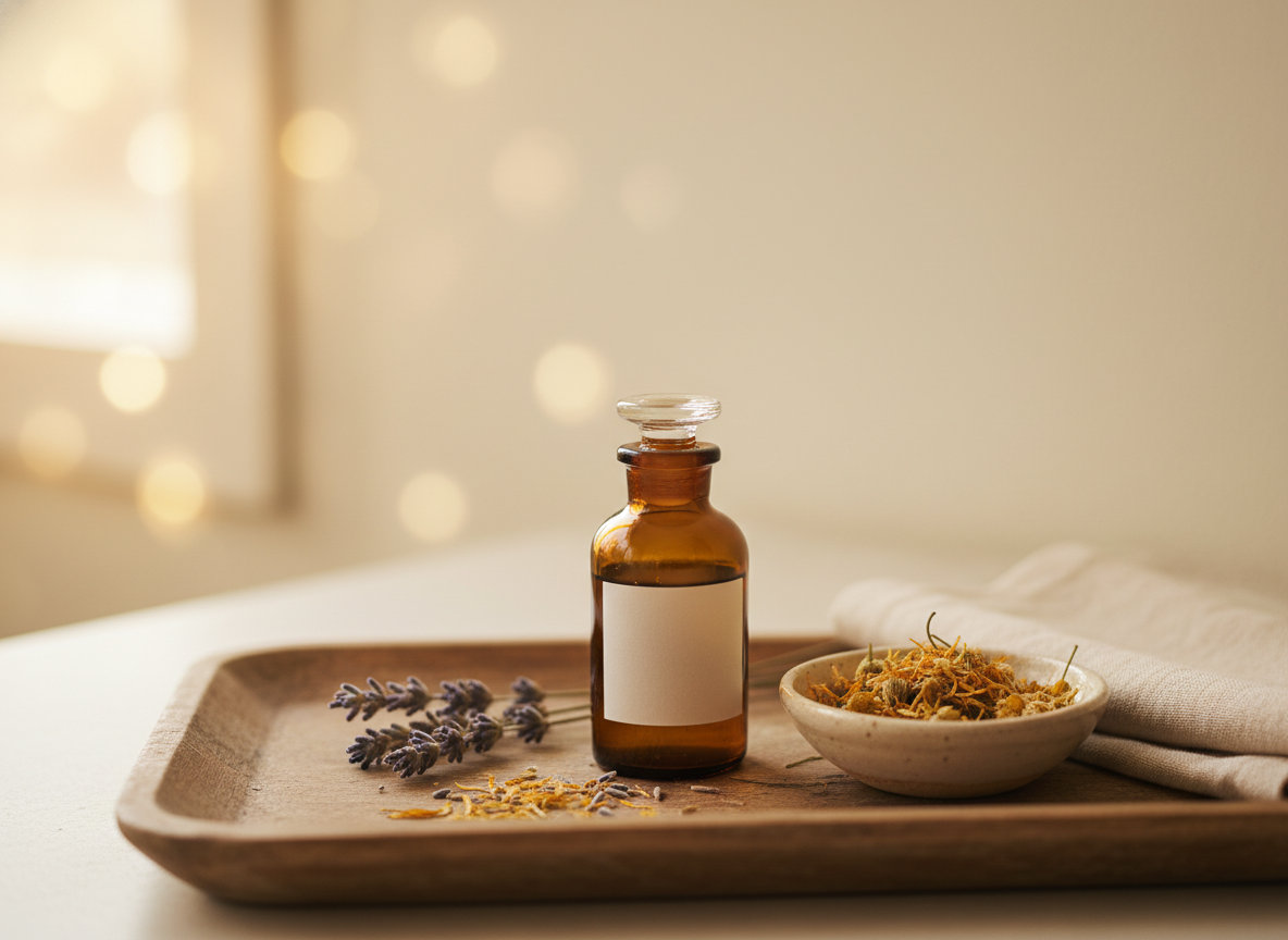 Small amber glass bottle on a wooden tray with dried lavender and a ceramic dish