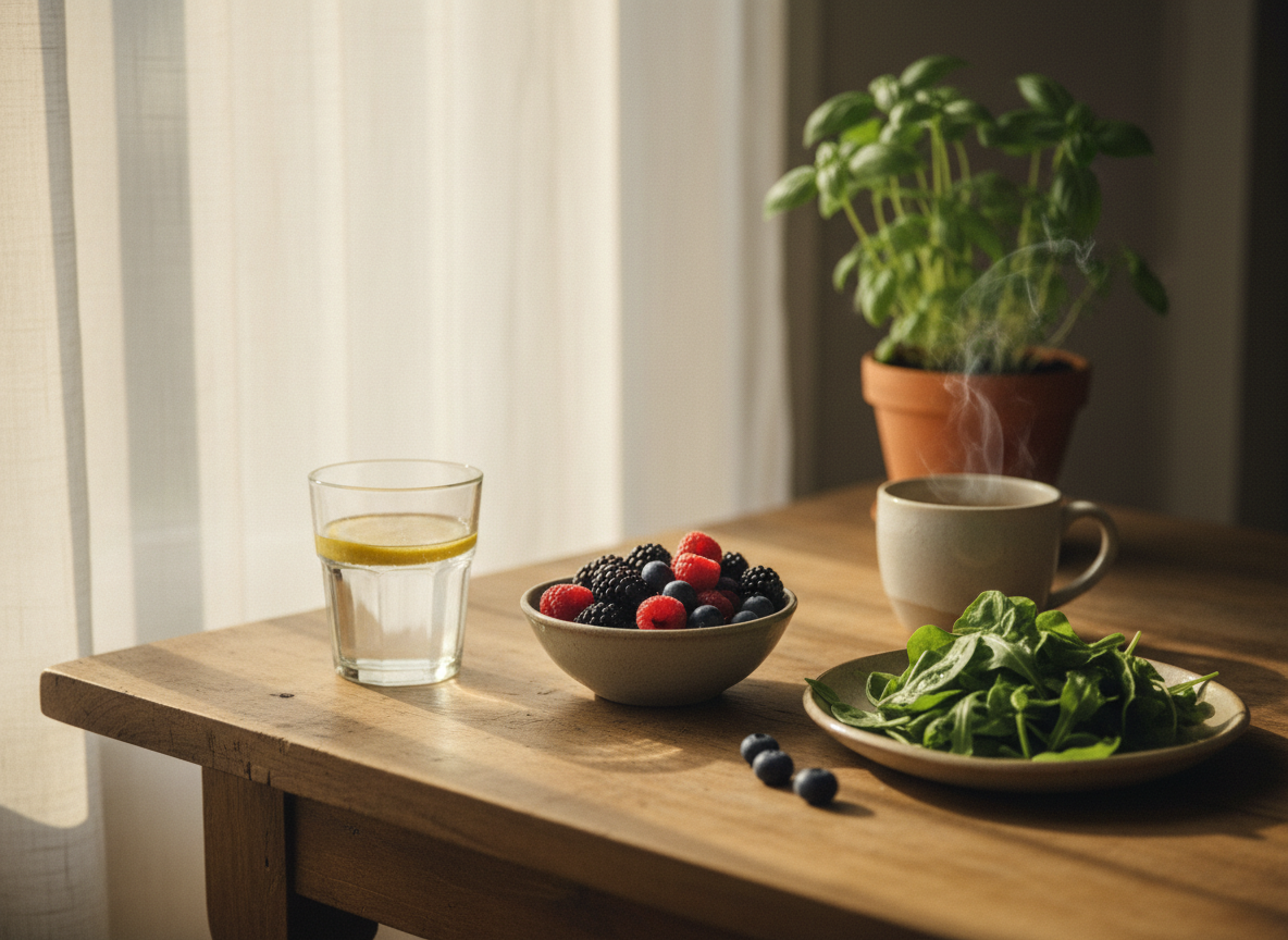 Morning kitchen tableau with fresh berries, water with lemon, and greens in soft sunlight