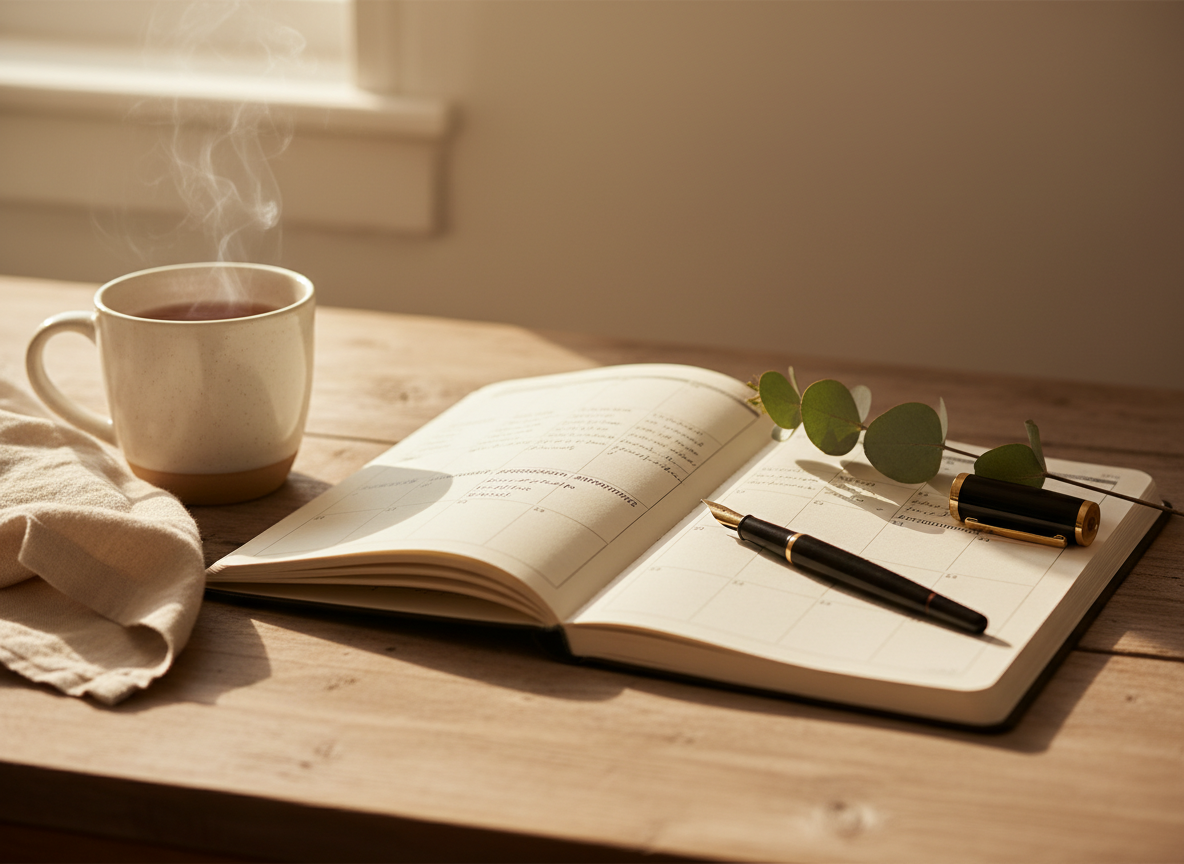 Open paper appointment book with a fountain pen and ceramic mug in soft window light