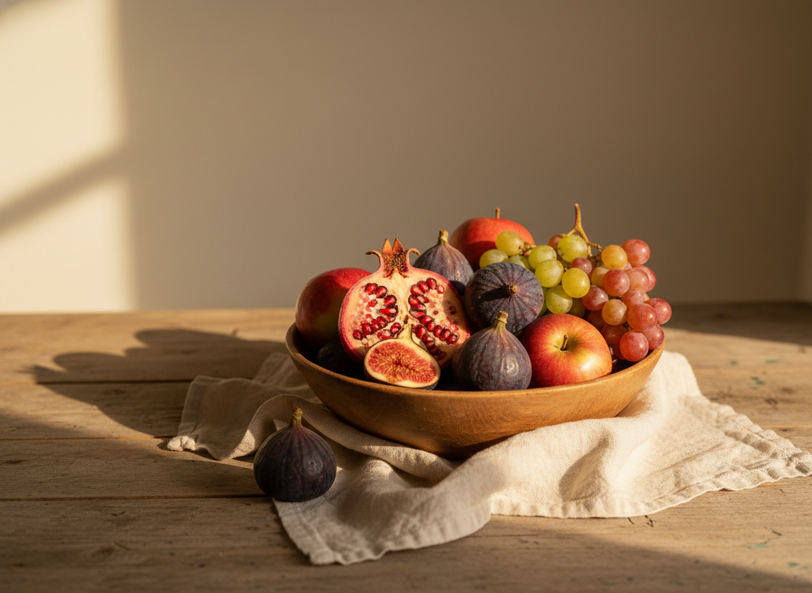 Wooden bowl of fresh seasonal fruit on a cream linen napkin in golden morning light