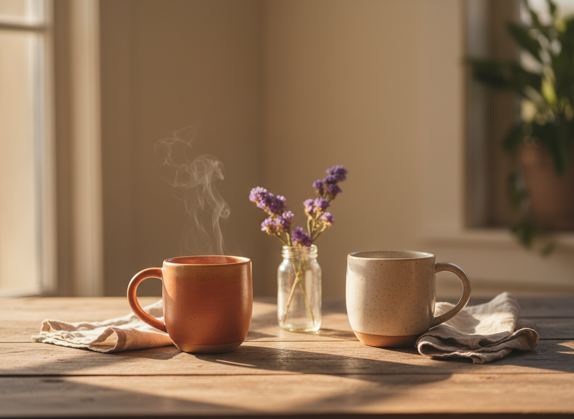 Two ceramic mugs on a wooden table in warm afternoon light, conversation about to begin