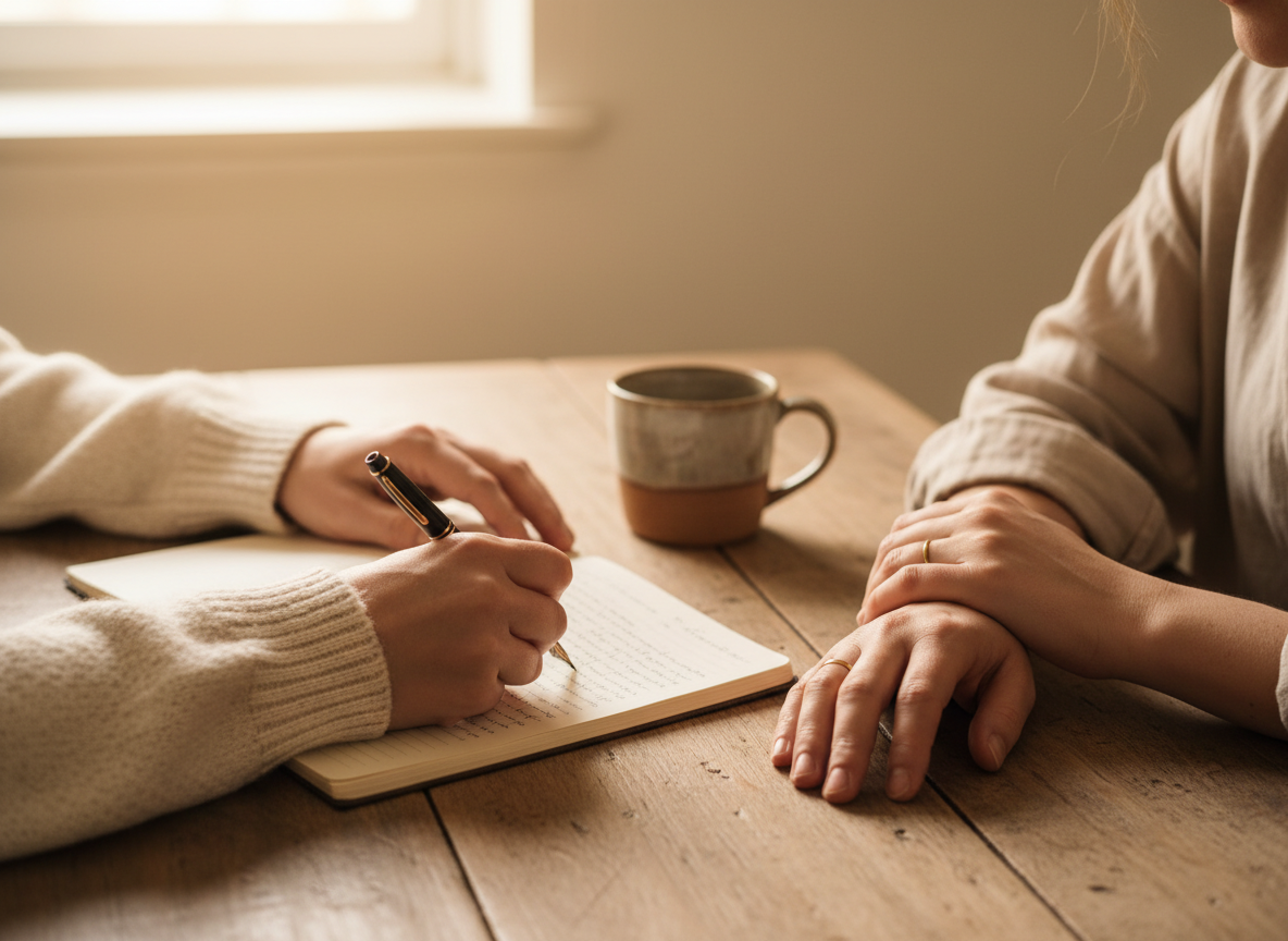 Two pairs of hands across a wooden table, one writing in a notebook in soft natural light